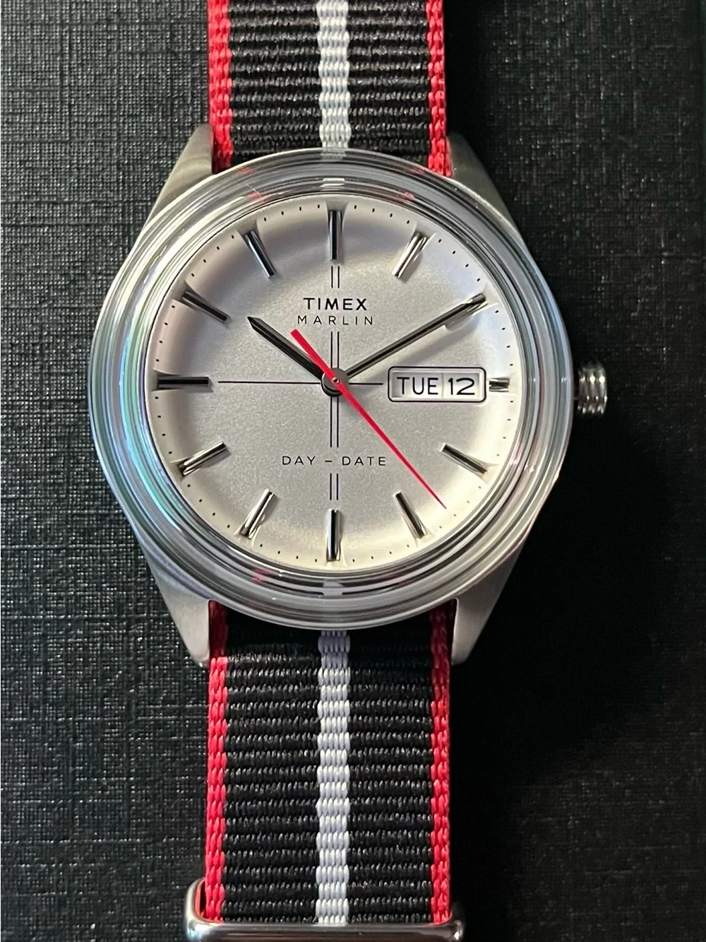Timex Marlin Silver Dial Watch with Black, White & Red Strap NWT.